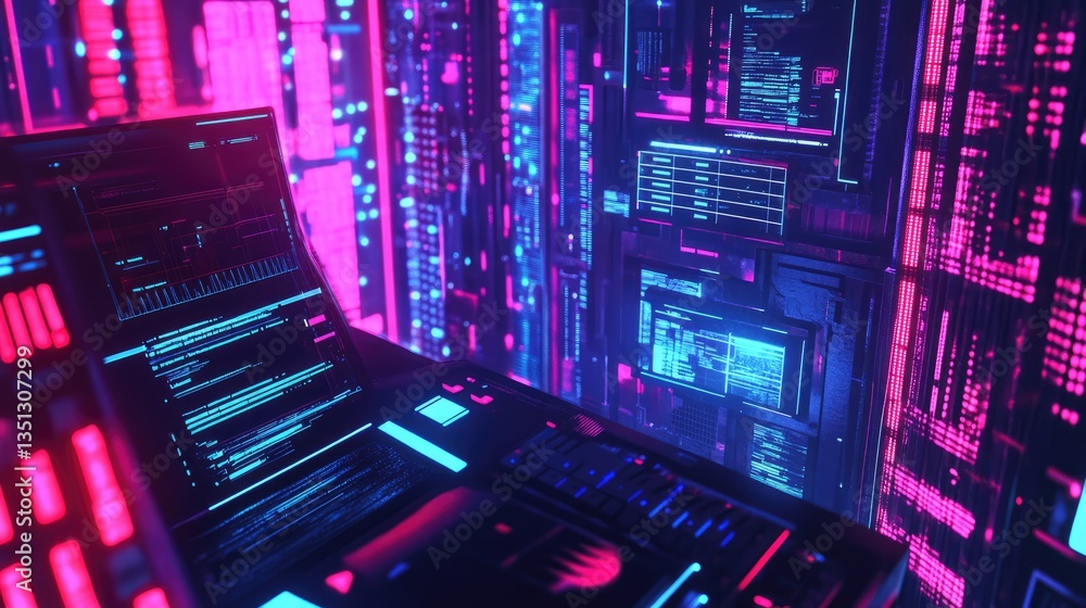 Poster Futuristic digital interface showcasing vibrant data streams and coding in a high-tech environment