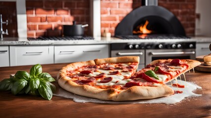 A freshly baked pepperoni pizza melted mozzarella cheese sits a wooden table a rustic kitchen. A slice pulled away showing stringy cheese.