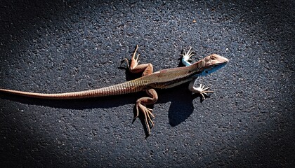 Lizard on a asphalt top view 