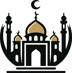 A vector illustration of a mosque silhouette with a crescent moon against a vibrant sunset sky. Ideal for Islamic, Ramadan, and religious-themed designs.