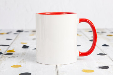 Red Handle Blank 11oz Mug Mock Up With Celebration Graduation Theme With Black and Gold Confetti