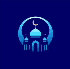 A vector illustration of a mosque silhouette with a crescent moon against a vibrant sunset sky. Ideal for Islamic, Ramadan, and religious-themed designs.
