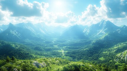 A digital landscape with a bright focal point, adding depth and perspective.