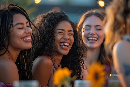 Diverse group of women bonding over laughter and fun at rooftop brunch, celebrating sisterhood and empowerment.
