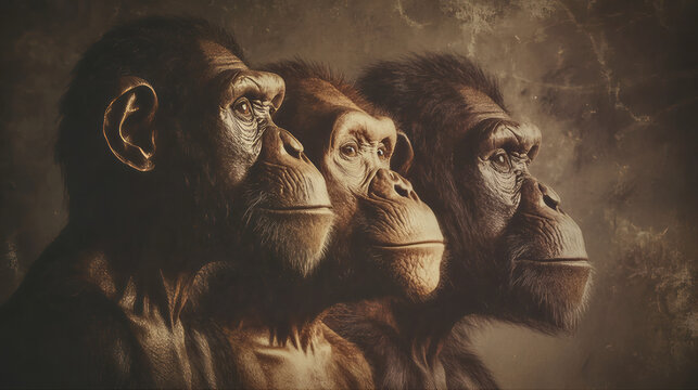 Silhouette of human evolution with detailed models of early hominids, ape, chimpanzee, gorilla, australopithecus. Cavemen family, Australopithecus afarensis chimpanzee profile