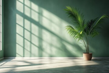 Sunlight streams through window onto plant against a green wall