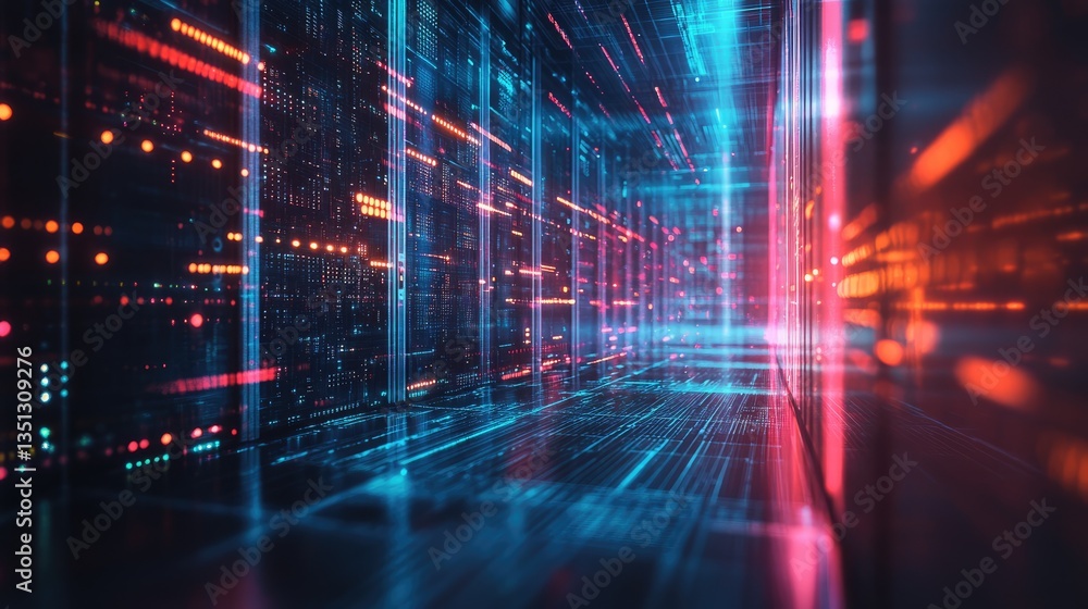 Poster futuristic digital corridor with vibrant neon lights and data streams, evoking a sense of speed and 