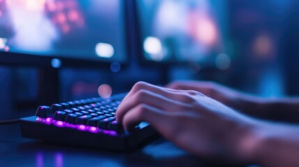 close-up photo captures intense focus of competitive gamer with their fingers swiftly maneuvering over gaming keyboard