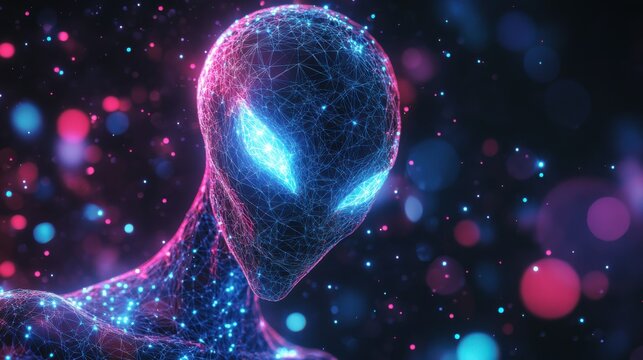 alien figure with glowing eyes. Network of connected dots. Dark background with pink and blue bokeh lights. Artificial intelligence concept. Futuristic design element.