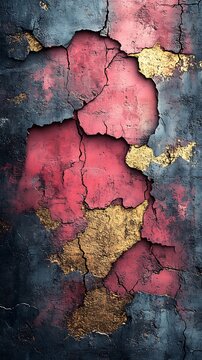 Peeling Red Paint on a Textured Wall with Black and Gold Accents