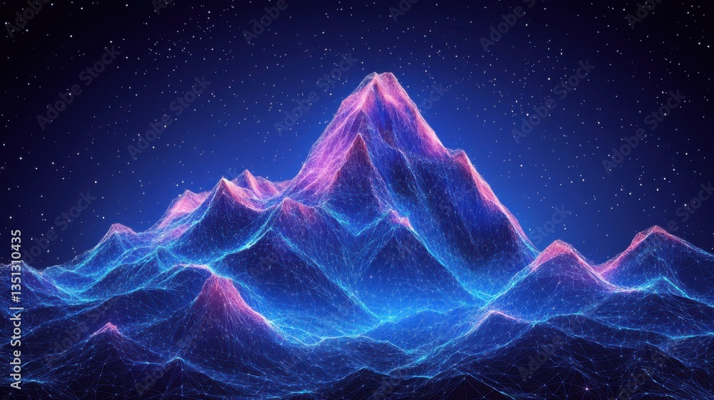 Fototapete digital mountain range. polygonal mesh landscape. dark blue sky. glowing dots. abstract futuristic v
