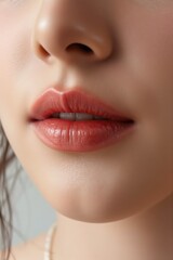 Fototapeta premium Macro shot of a woman’s nose and cheek, showing detailed pores and natural highlight. Soft lighting for a fresh beauty effect. Captured from a unique diagonal angle