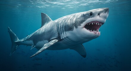 Fototapeta premium Great White Shark Swimming Underwater with Open Mouth