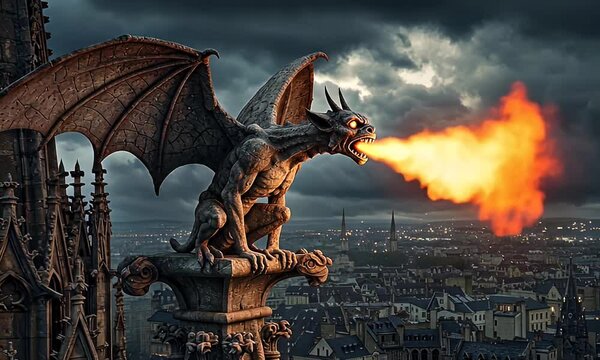 Stone Gargoyle Sculpture Breathing Fire Over Cityscape Under Stormy Sky