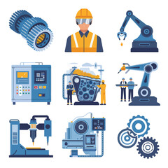 Fototapeta premium 2d vector illustration colorful machine , worker and Industry and its development technology, factories and production lines icon 