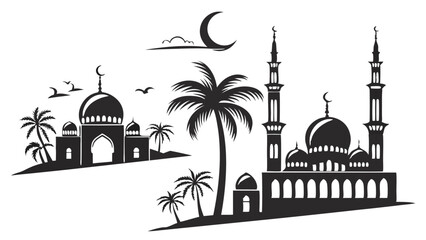 AdobIslamic Mosque with Minarets and Palm Trees – Black and White Vector Illustration