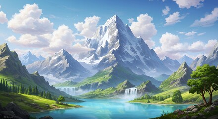 Fototapeta premium Snowy Mountain Landscape with Lake and Waterfalls under Cloudy Sky