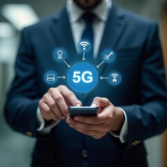 Businessperson Using Smartphone with Futuristic Cloud Data Icons – Modern Office Technology Concept