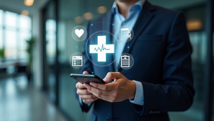 Businessperson Using Smartphone with Futuristic Cloud Data Icons – Modern Office Technology Concept