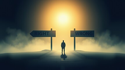 Individual standing at a fork in the road choosing between right and wrong