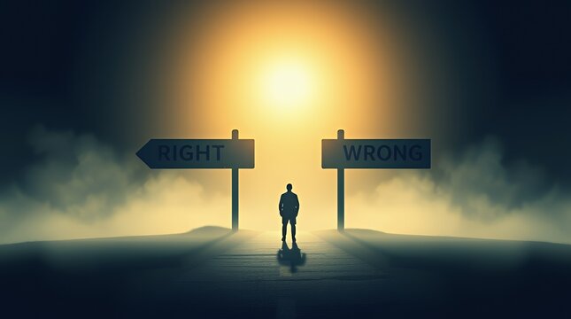 Individual standing at a fork in the road choosing between right and wrong