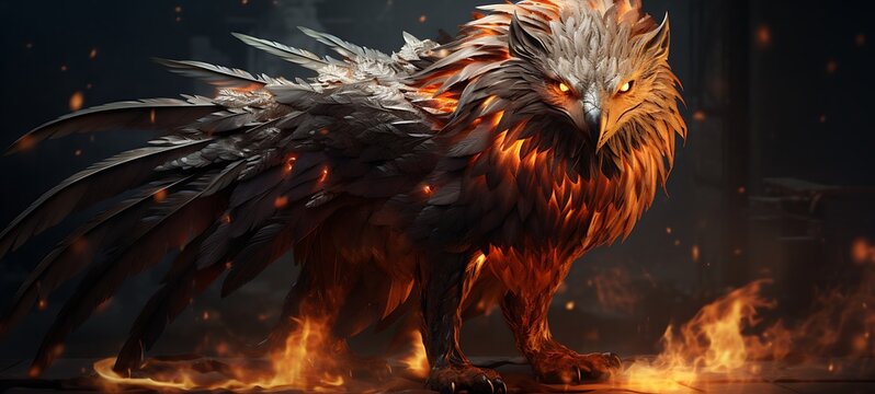 A fierce fenrir phoenix with an armoured shield Diamond fire, ai generative