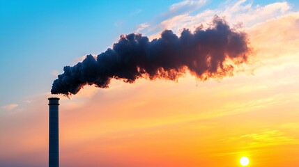 Obraz premium Factory releasing thick black smoke into the air with a vibrant sunset in the background, symbolizing industrial pollution.