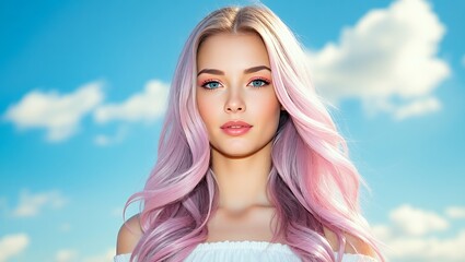 Fototapeta premium Young woman with pastel pink and lavender hair against a dreamy sky background