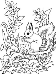 coloring a squirrel sits on a stump in the forest.eps