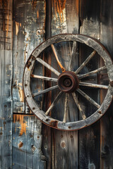 Vintage Wooden Wagon Wheel Against Weathered Barn Wall, Highlighting Intricate Craftsmanship and Nostalgic History
