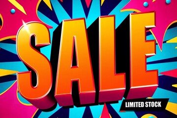 Bold Sale Banner with "SALE" Text in Bright Orange on a Pink and Blue Pop Art Background, Highlighting a Limited Stock Shopping Promotion