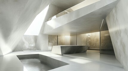 Obraz premium Modern minimalist concrete house interior with pool and sunlight.