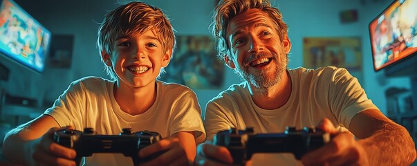 A father and son playing video games together, laughing at the competition