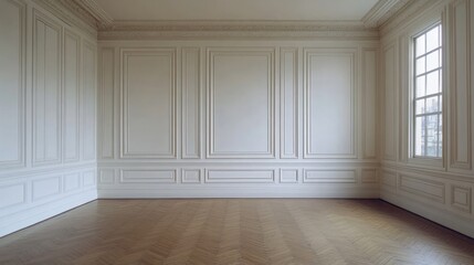 Obraz premium Elegant empty room features paneled walls and herringbone wood floor