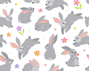 Cute childish seamless pattern, bunnies and flowers on a white background. Easter day.
