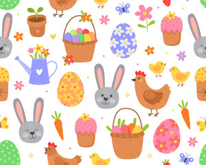 Seamless pattern for Easter day. Different cute illustrations on a white background. Bunny, Easter eggs, hen, basket, cupcake, spring flowers.