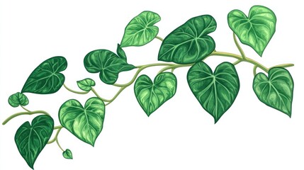 Green heart-shaped leaves vine branch, isolated white background, botanical illustration, design element
