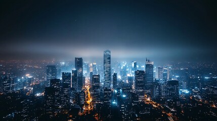 City skyline at night with lights polluting the sky, illustrating the impact of light pollution on the environment.