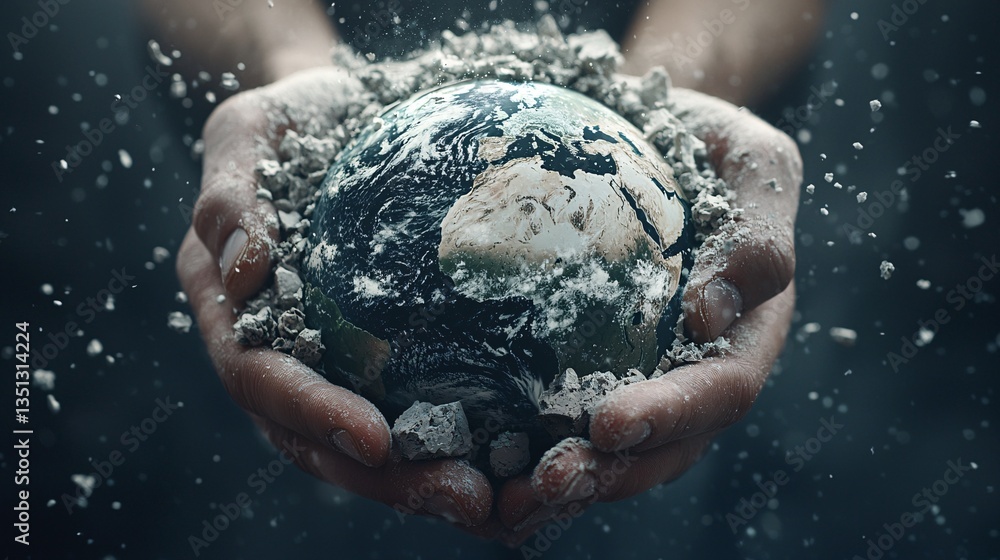 Poster hands holding earth with cracks and crumbling pieces, visualizing the fragile state of the environme