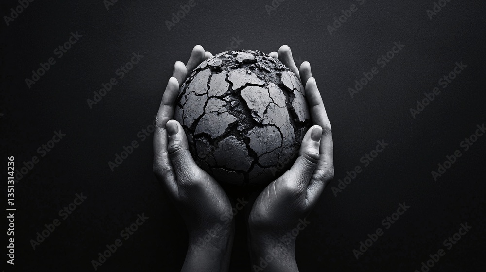 Poster hands holding earth with cracks and crumbling pieces, visualizing the fragile state of the environme