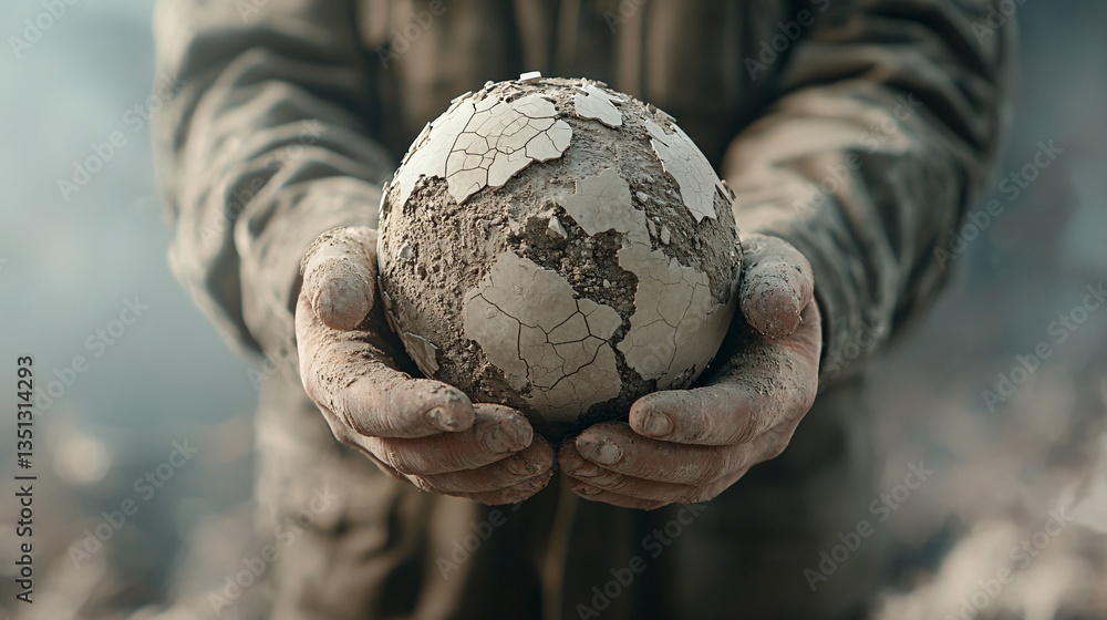 Poster hands holding earth with cracks and crumbling pieces, visualizing the fragile state of the environme