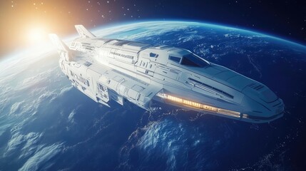 A sleek spaceship gliding through space above Earth, illuminated by a distant sun, showcasing advanced technology