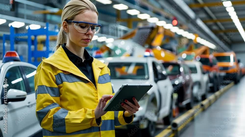 Poster a skilled professional in a bright safety jacket is analyzing data on a tablet in a busy automotive 