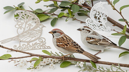 Three Sparrows Perched on Decorative Branches with Blossoms