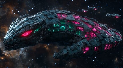 A cosmic serpent shaped spacecraft flying through deep space