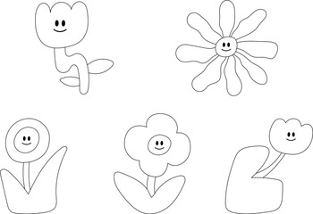 Set of cute cartoon doodle flower in simple linear hand drawn style. Hand drawn vector illustration.