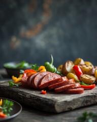 Appetizing chorizo slices and fresh mix pepper with grilled potatoes on rustic wooden board on dark surface