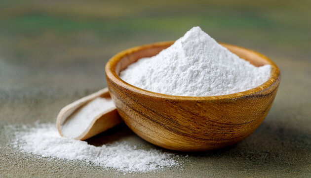 White zinc oxide powder in small wooden bowl. Healthcare and medical supplement product.