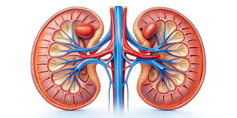 Detailed anatomical illustration of the human kidneys, showcasing intricate renal vasculature and the adrenal glands