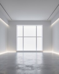 Fototapeta premium Empty white gallery room with large window and recessed lighting.